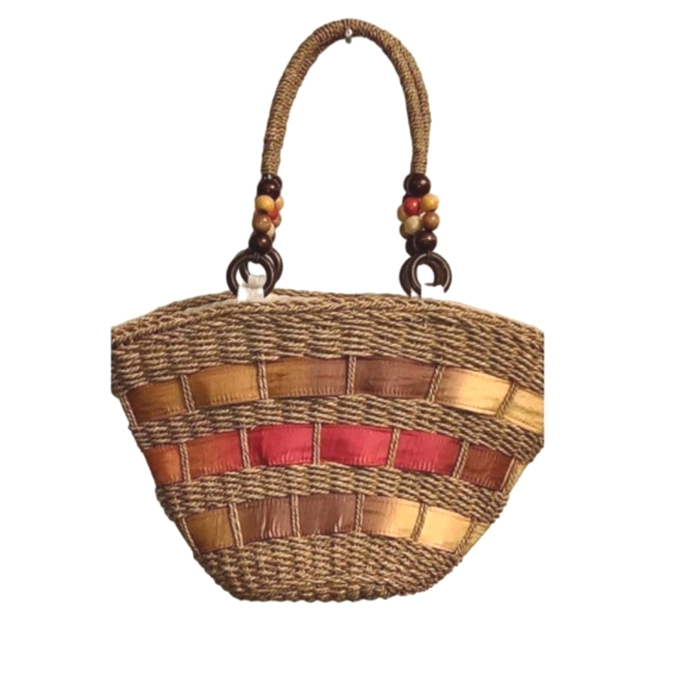 Sun 'N Sand Woven Straw Tote w Wood Bead Accent & Orange Multi Ribbon Accent